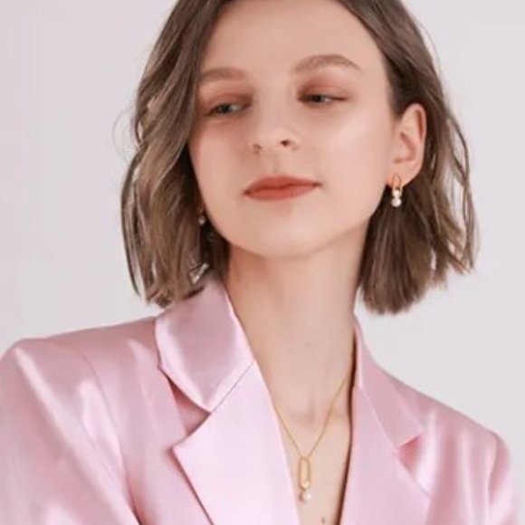 Double Pearl Oblong Shaped Drop Necklace Yellow Gold Plated 925 Sterling… - Picture 3 of 4